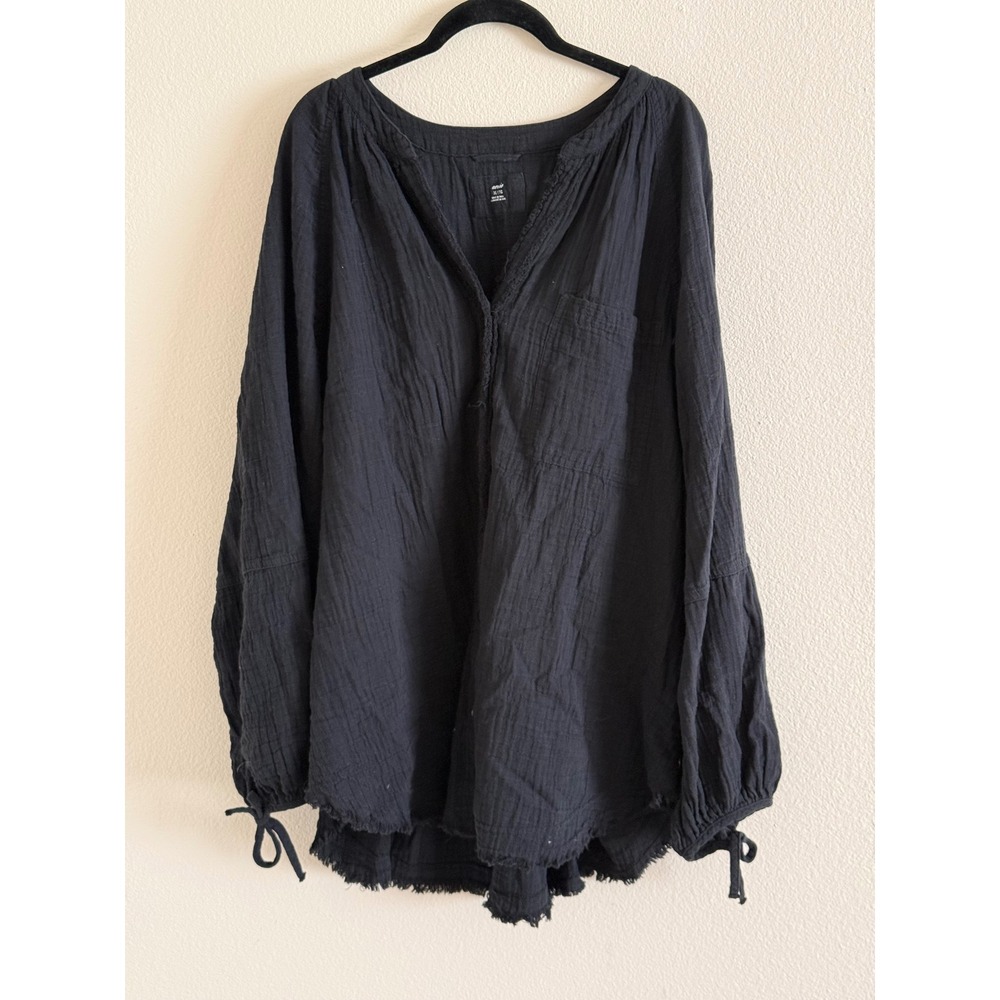 Aerie Black Gauze Peasant Top XL Oversized Tie Cuff Raw Hem Boho Blouse
